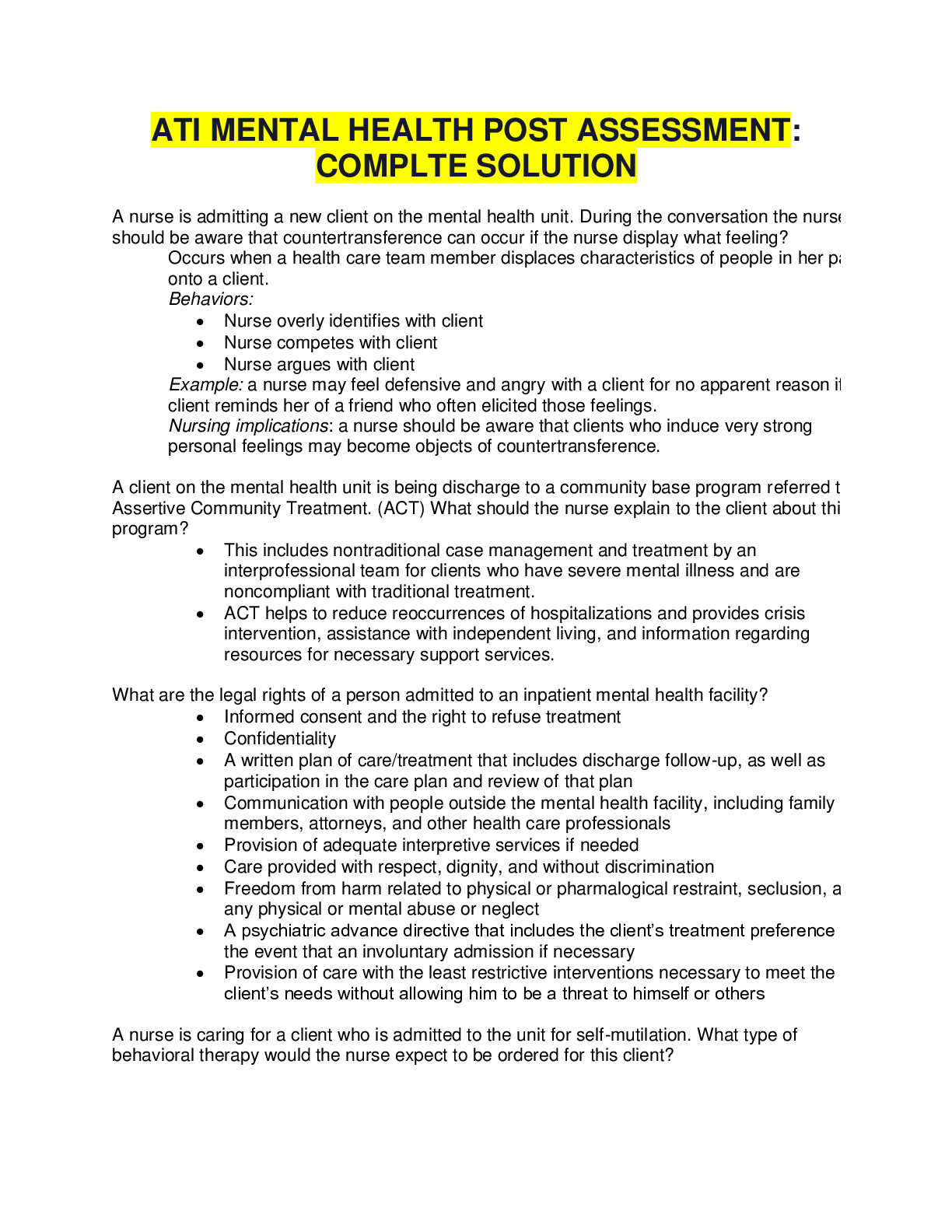 Preview image for ATI Mental Health Post Assessment: LATEST-2021, COMPLETE GUIDE